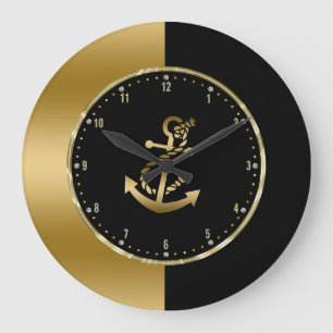Black & Gold Geometric Design With Boat Anchor Large Clock