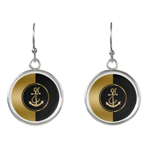 Black  Gold Geometric Design With Gold Anchor Earrings