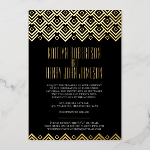 Black gold geometric diamond pattern wedding foil invitation