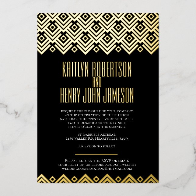 Black gold geometric diamond pattern wedding foil invitation (Front)