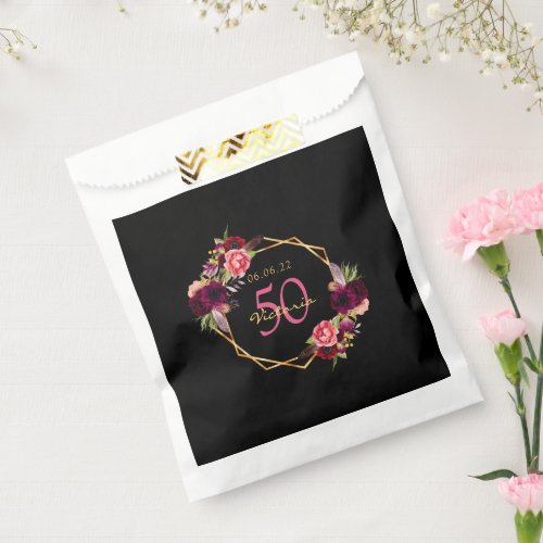 Black gold geometric floral boho birthday favor bag