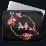 Black gold geometric florals monogram name laptop sleeve<br><div class="desc">A chic navy black background. A faux gold geometric frame decorated with watercolored flowers,  roses in burgundy and pink and boho style feathers.  Templates for Your name and monogram letter.  The name in pink is written with a modern and trendy hand lettered style script.  The monogram letter in coral.</div>