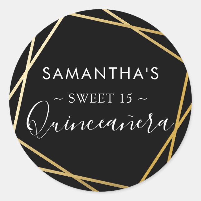 Black Gold Geometric Modern Quinceañera Classic Round Sticker (Front)