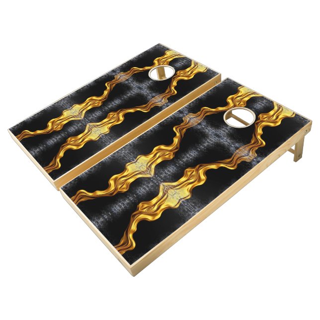 Black Gold Geometric Party Deco Grid Achempong Cornhole Set (Angled)
