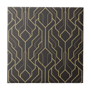 Black Gold Geometric Pattern   Art Deco Ceramic Tile
