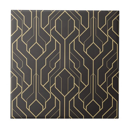 Black Gold Geometric Pattern  Art Deco Ceramic Tile