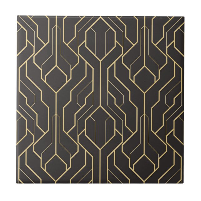 Black Gold Geometric Pattern | Art Deco Ceramic Tile (Front)