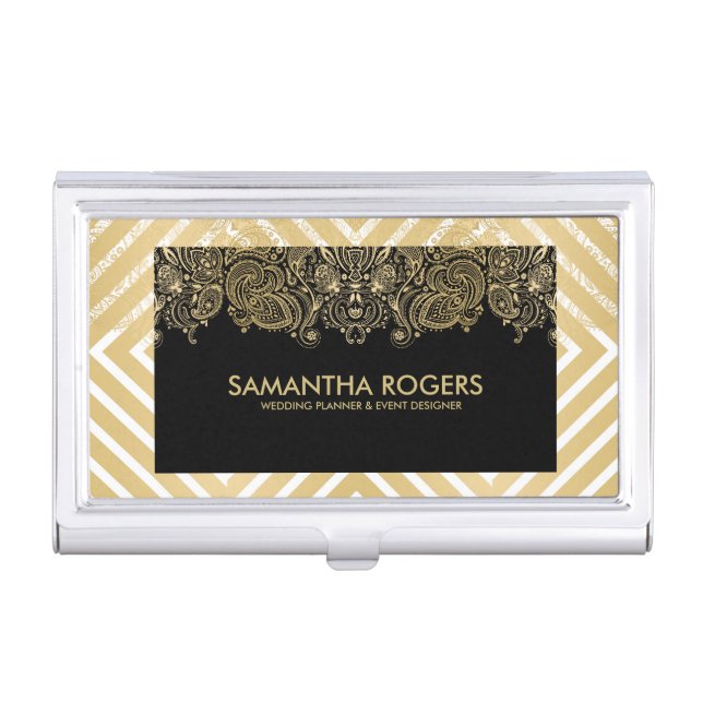 Black & Gold, Geometric Pattern & Lace Business Card Holder (Front)