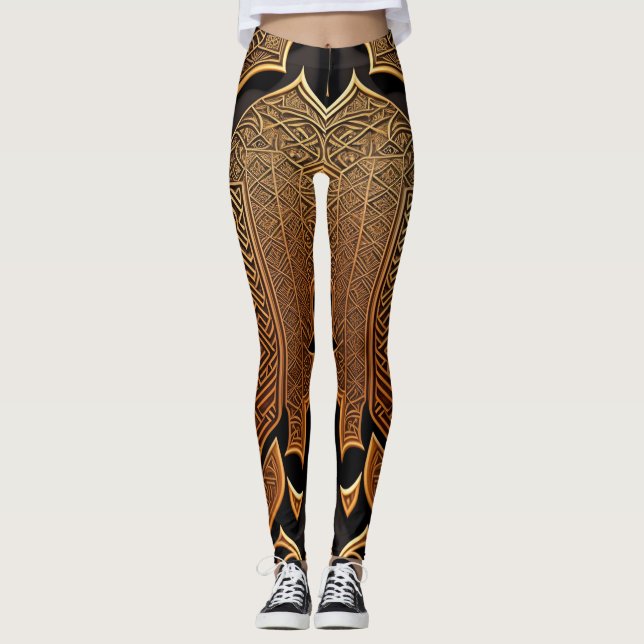Black & gold Geometric patterns Leggings (Front)