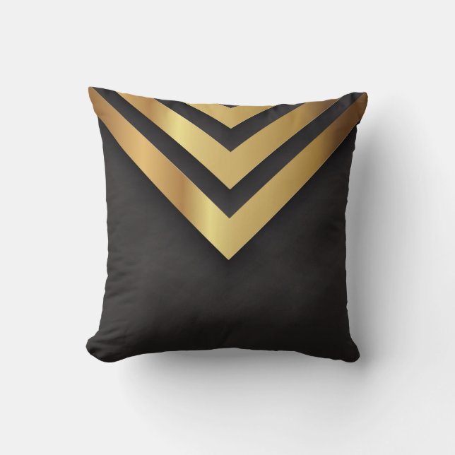 Black & Gold Geometric Triangles Design Throw Pillow (Front)