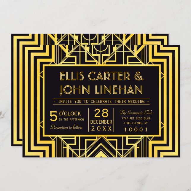 Black & Gold Geometric Wedding Invitations (Front/Back)