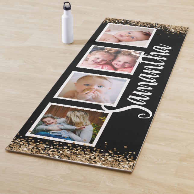 Black gold giltter photo collage custom name yoga mat (In Situ)