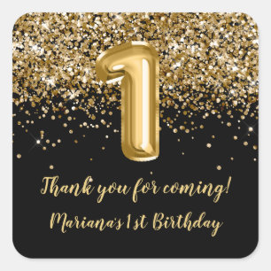 Black Gold Girl 1st Birthday Party Favor Square Sticker