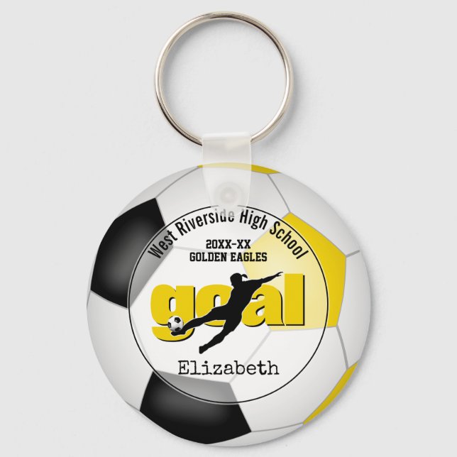 black gold girls soccer goal team spirit sports keychain (Front)
