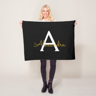 Black Gold Girly Monogram Name Modern Fleece Blanket