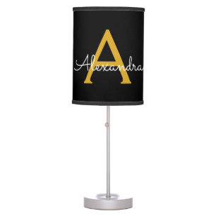 Black Gold Girly Monogram Name Modern Table Lamp