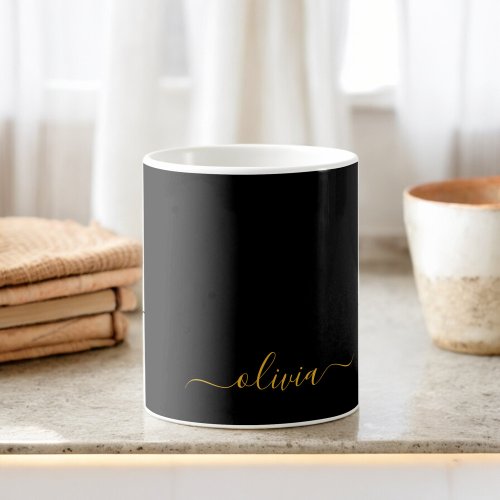 Black Gold Girly Script Monogram Name Modern Coffee Mug