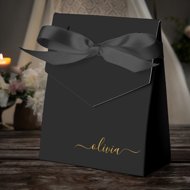 Black Gold Girly Script Monogram Name Modern Favor Boxes (Creator Uploaded)