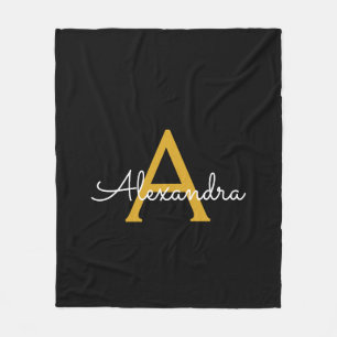 Black Gold Girly Script Monogram Name Modern Fleece Blanket