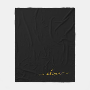 Black Gold Girly Script Monogram Name Modern Fleece Blanket