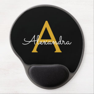 Black Gold Girly Script Monogram Name Modern Gel Mouse Pad