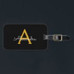 Black Gold Girly Script Monogram Name Modern Luggage Tag<br><div class="desc">Black and Gold Monogram Add your own Name Script Luggage Bag Tag The bag tag makes the perfect sweet 16 birthday,  wedding,  bridal shower,  baby shower or bachelorette party gift for someone decorating her room in style.</div>