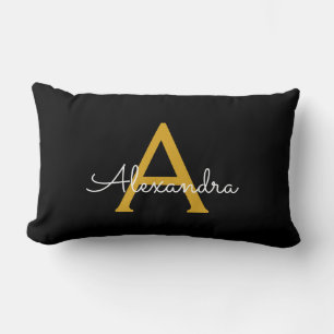 Black Gold Girly Script Monogram Name Modern Lumbar Pillow