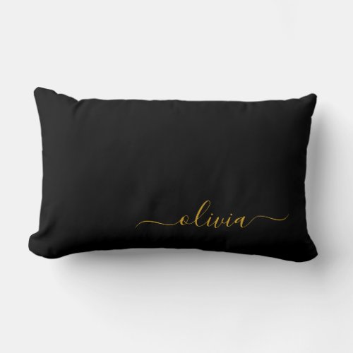 Black Gold Girly Script Monogram Name Modern Lumbar Pillow