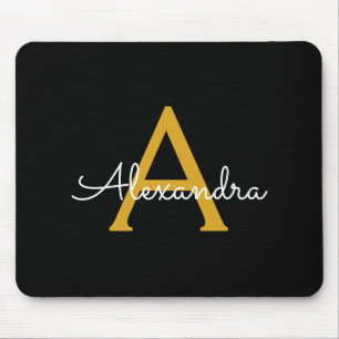 Black Gold Girly Script Monogram Name Modern Mouse Pad