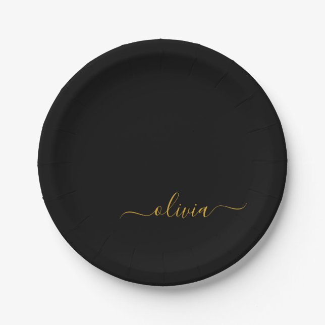 Black Gold Girly Script Monogram Name Modern Paper Plates (Front)