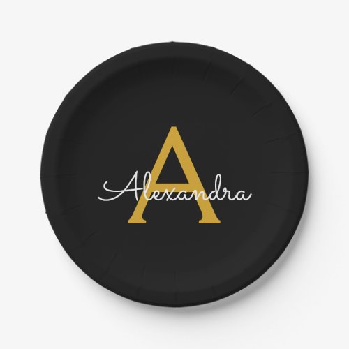 Black Gold Girly Script Monogram Name Modern Paper Plates