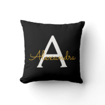 Black Gold Girly Script Monogram Name Modern Throw Pillow