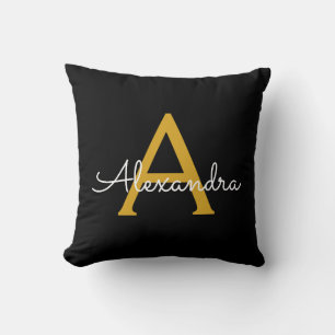 Black Gold Girly Script Monogram Name Modern Throw Pillow