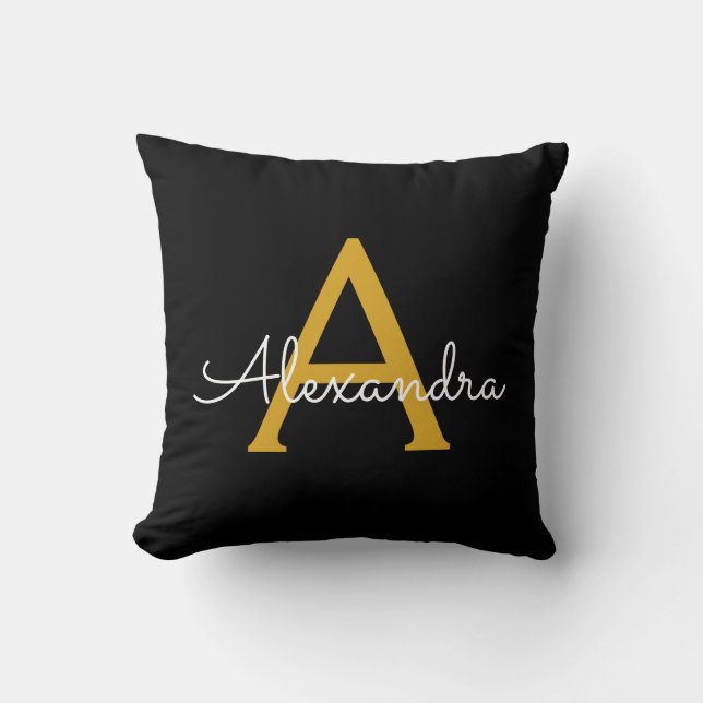 Black Gold Girly Script Monogram Name Modern Throw Pillow (Front)