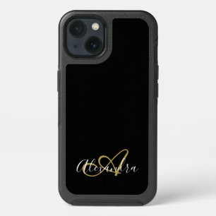 Black Gold Girly Script Monogram Rugged iPhone 13 Case