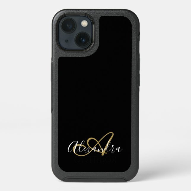 Black Gold Girly Script Monogram Rugged Otterbox iPhone Case (Back)