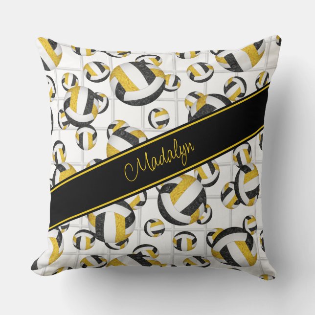 black gold girly volleyballs pattern w net accent throw pillow (Front)