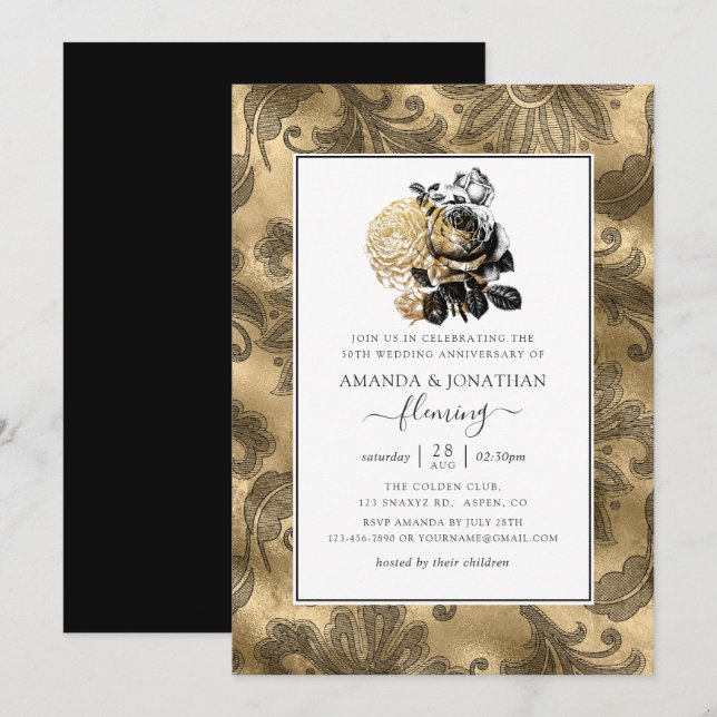 Black & Gold Glam 50th Golden Wedding Anniversary Invitation (Front/Back)