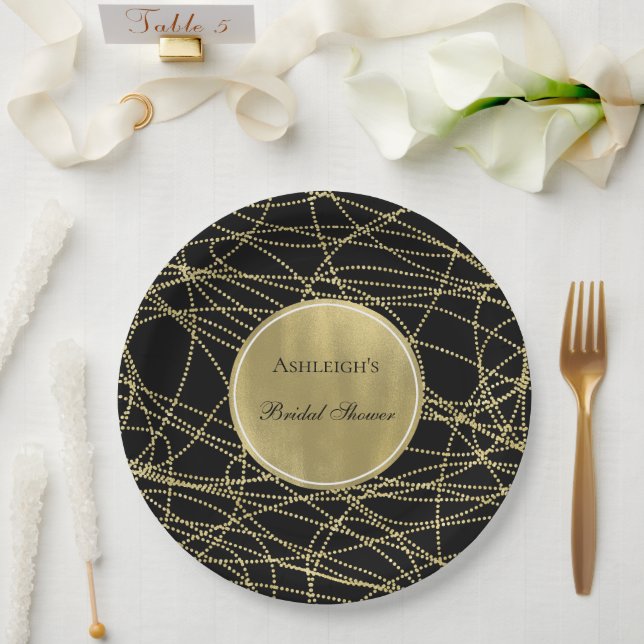 Black Gold Glam Abstract Bridal Shower Paper Plates (Wedding)