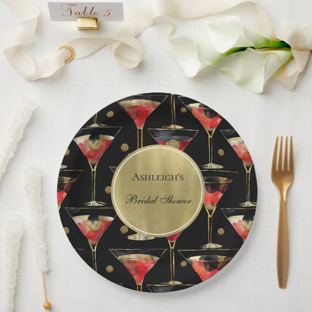 Black Gold Glam Drinks Bridal Shower Paper Plates (Wedding)