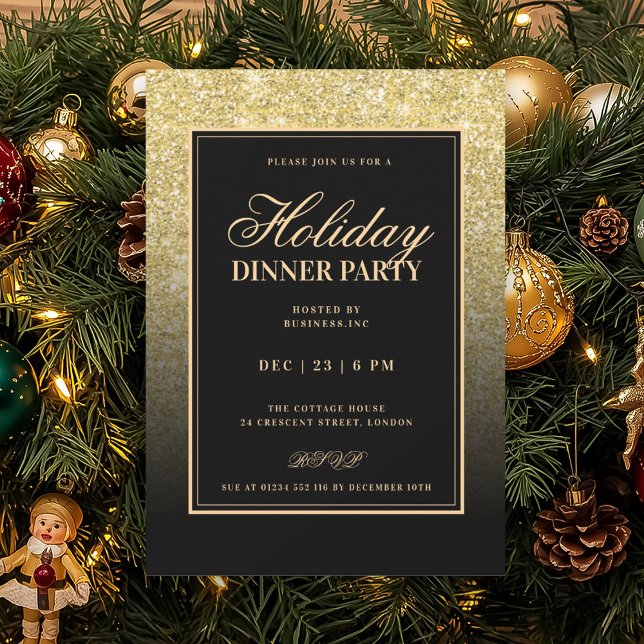 Black & Gold Glam FAUX Glitter Holiday Dinner  Invitation (Black & Gold Glam FAUX Glitter Holiday Dinner Invitation)