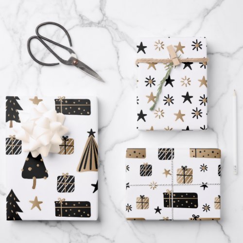 Black Gold Glam Gift Trees Pattern Christmas Wrapping Paper Sheets