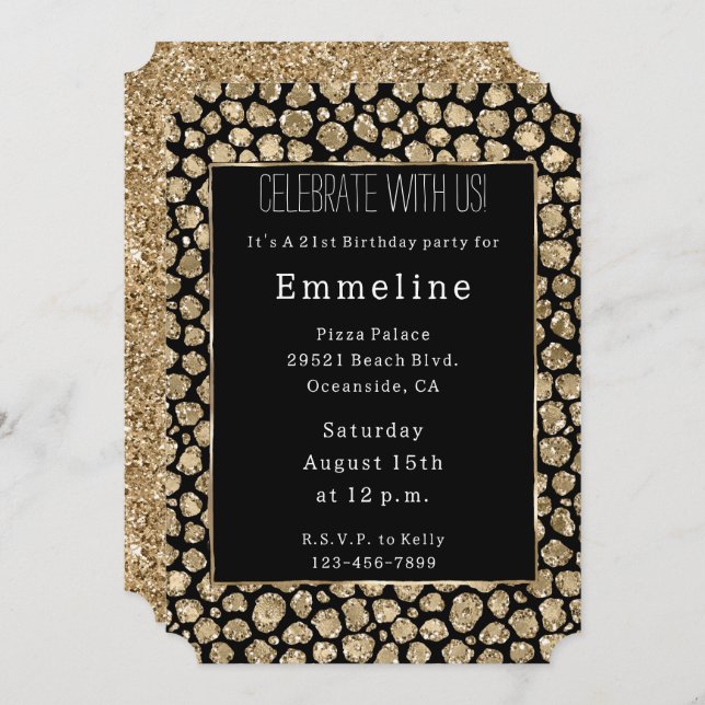 Black Gold Glam Glitter Leopard Invitation (Front/Back)