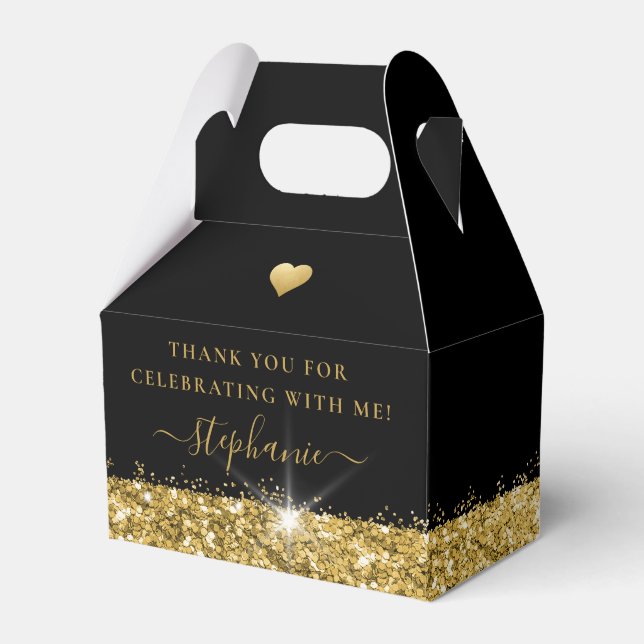 Black Gold Glam Heart Birthday Party Favor Boxes (Front Side)