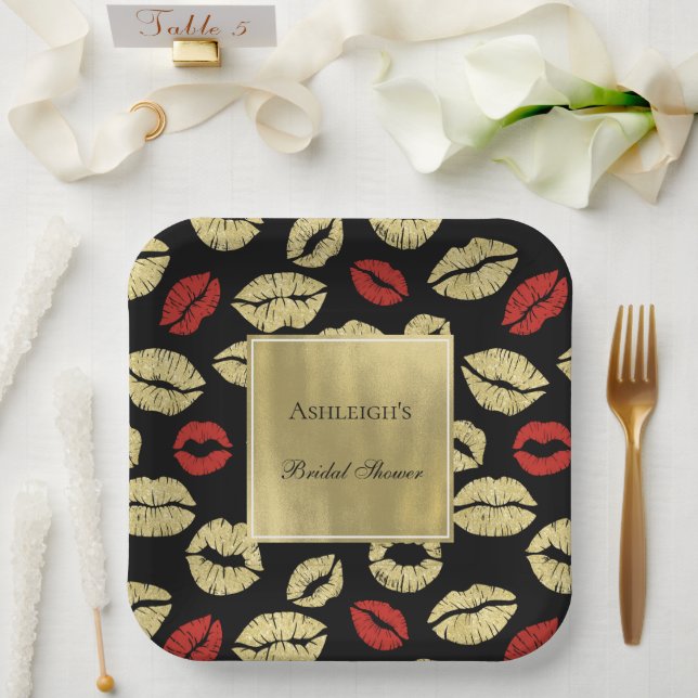 Black Gold Glam Lips Bridal Shower Paper Plates (Wedding)