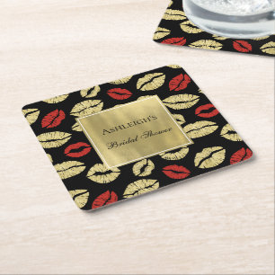 Black Gold Glam Lips Bridal Shower Square Paper Coaster