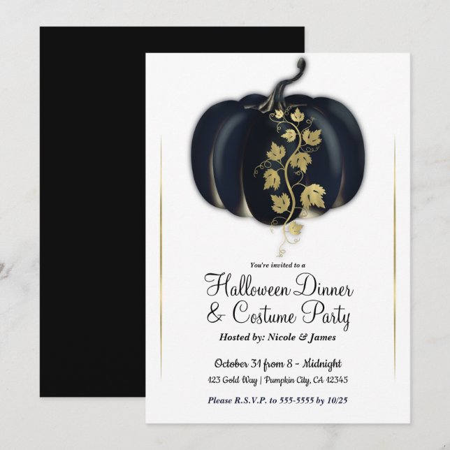 Black & Gold Glam Pumpkin Halloween Dinner Party Invitation (Front/Back)