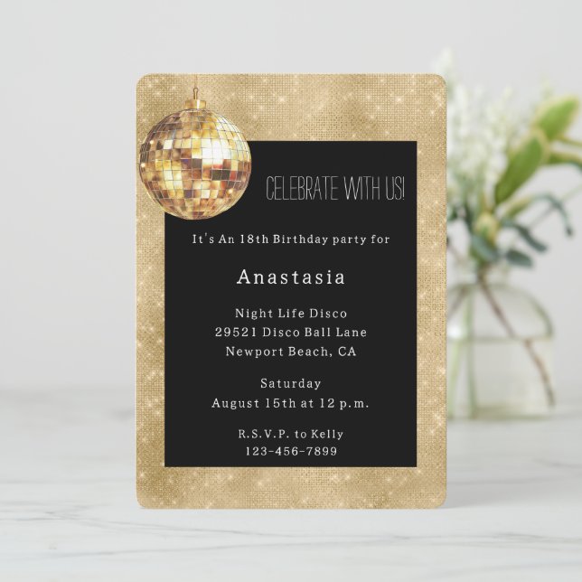 Black Gold Glam Sparkle Disco Ball Birthday Invitation (Standing Front)