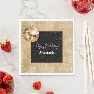 Black Gold Glam Sparkle Disco Ball Birthday Napkins