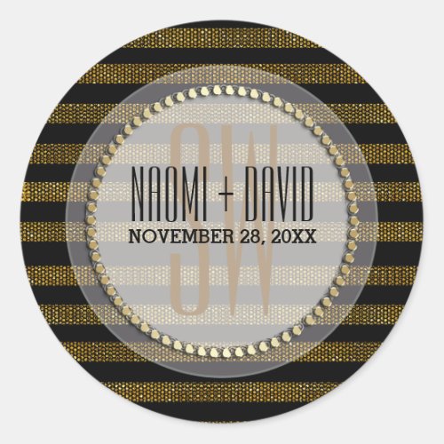 Black Gold Glam Stripes Monogram Wedding Sticker